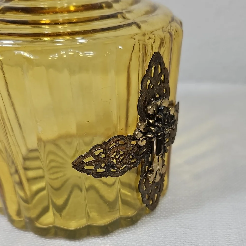 Vintage Yellow Glass Decorative Bottle with Metal Cross Accent  Bud Vase 5"x3.5" - Picture 8 of 9